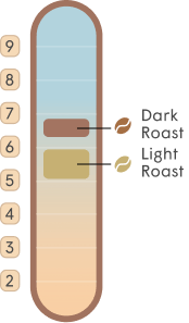 Coffee pH scale infographic comparing light and dark roast acidity