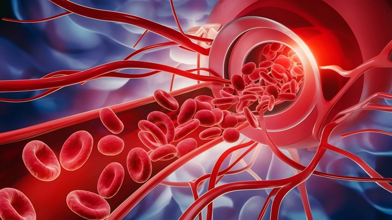 Red blood cells flowing through a vessel